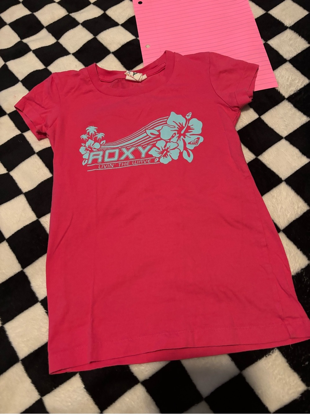 Size 6 Roxy Pink Tee with Aqua Floral Logo